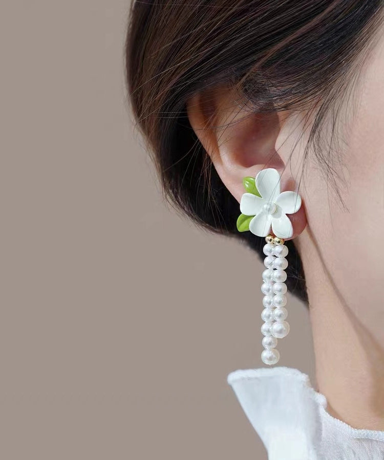 Silver Elegant Drop Floral White Pearl Tassel Alloy Sterling