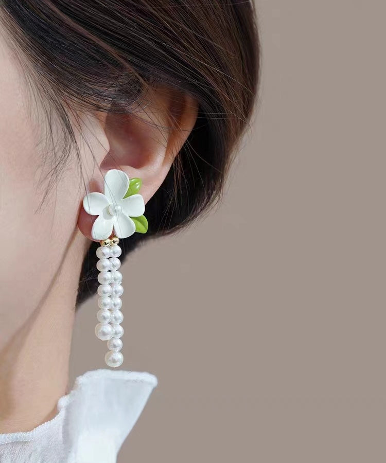 Silver Elegant Drop Floral White Pearl Tassel Alloy Sterling
