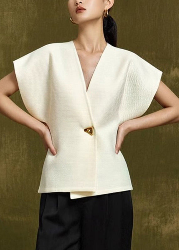 V White Elegant Summer Top Button Neck