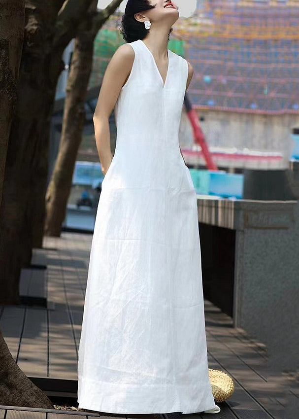 White Sleeveless Neck Patchwork Long V Elegant Dresses
