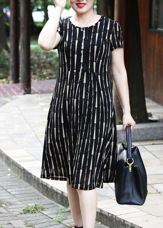 Elegant Yellow O-Neck Striped Long Dress Short Sleeve VB1001