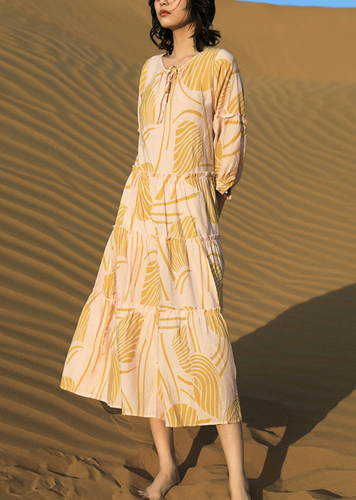 Print Up Yellow Cotton Dresses Long Ruffled Half Lace Elegant