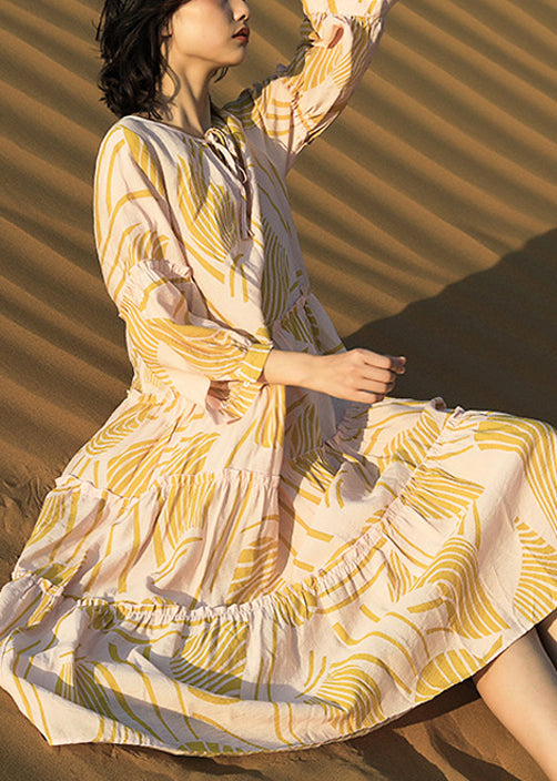 Print Up Yellow Cotton Dresses Long Ruffled Half Lace Elegant