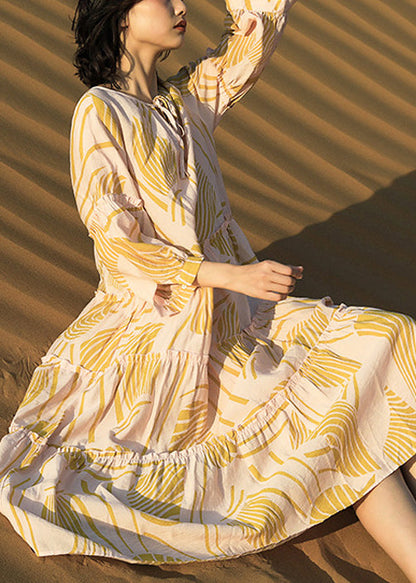 Print Up Yellow Cotton Dresses Long Ruffled Half Lace Elegant