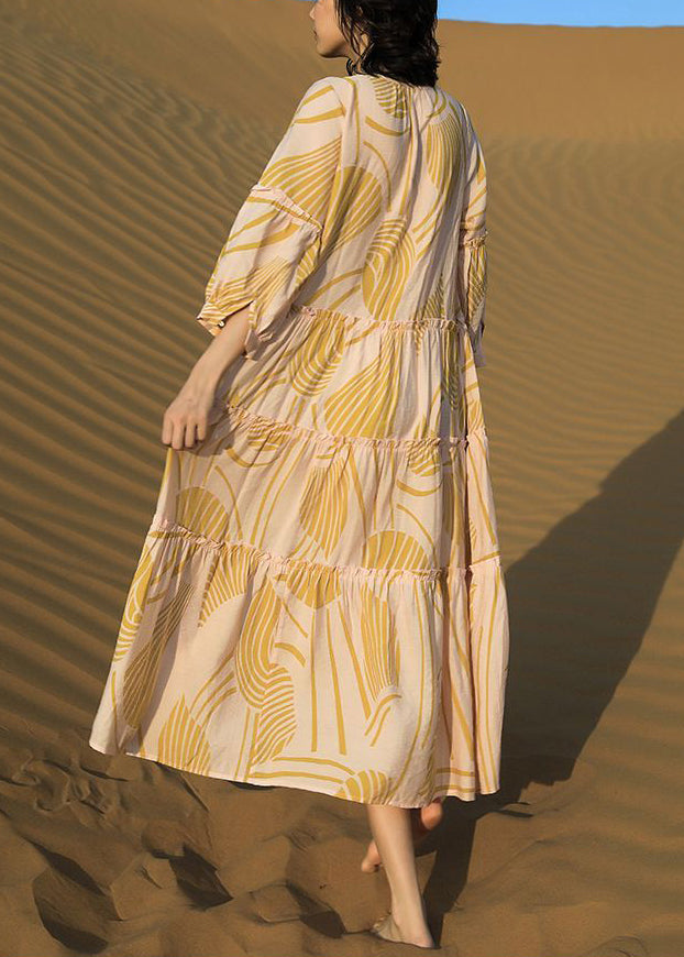 Print Up Yellow Cotton Dresses Long Ruffled Half Lace Elegant