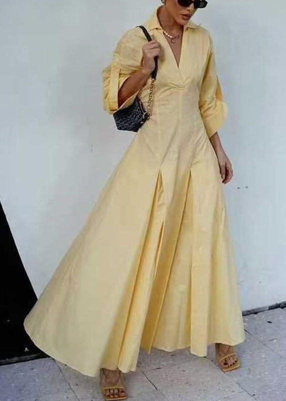 V Yellow Shirts Neck Elegant Zippered Half Dress Cotton Solid