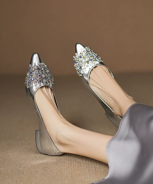 Sheepskin Splicing Elegant Silver Toe Pointed Flat Shoes Zircon
