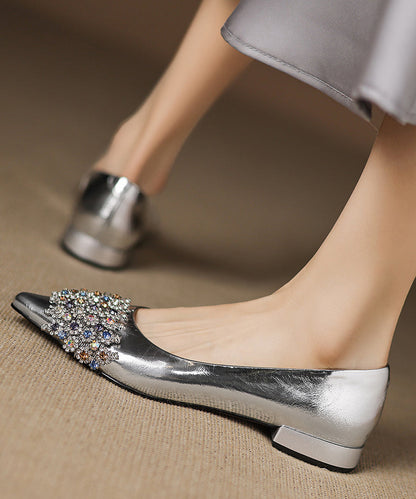 Sheepskin Splicing Elegant Silver Toe Pointed Flat Shoes Zircon