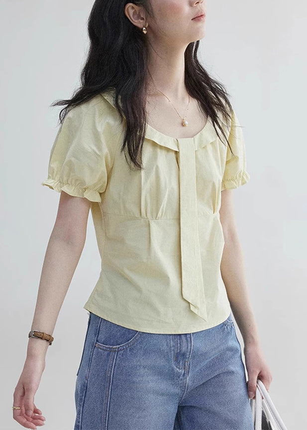 ElegantYellow Sleeve Blouses Wrinkled Zippered Cotton Puff