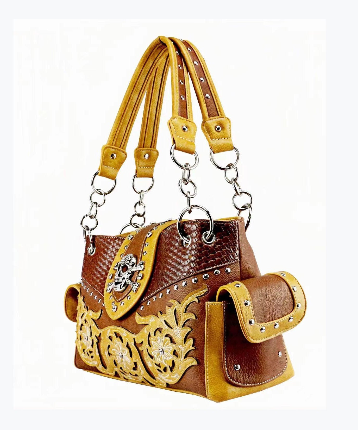 European And American Skulls Embroidery Rivet Satchel Bag Handbag GG072