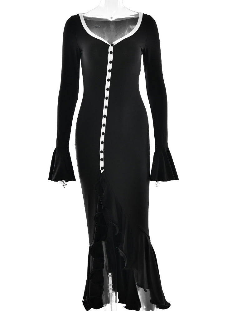 And American Black Ruffled Side Dress European Cotton Open Style