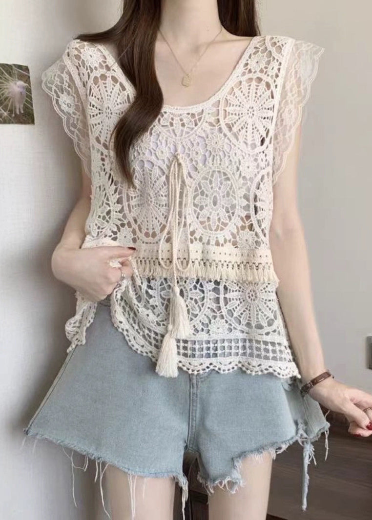 Tank Lace Apricot Fashion Tassel Summer O-Neck