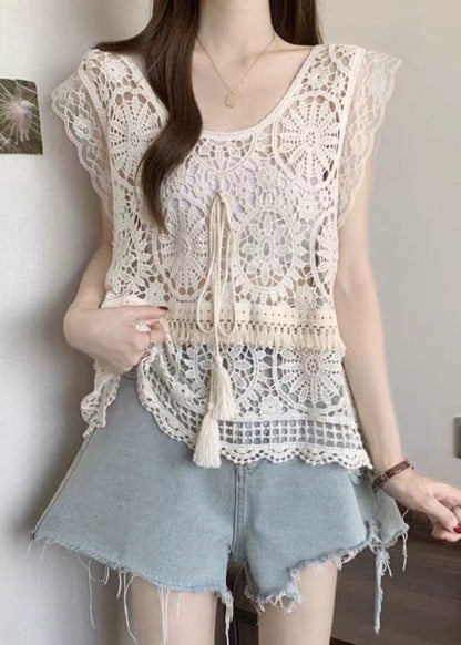 Tank Lace Apricot Fashion Tassel Summer O-Neck