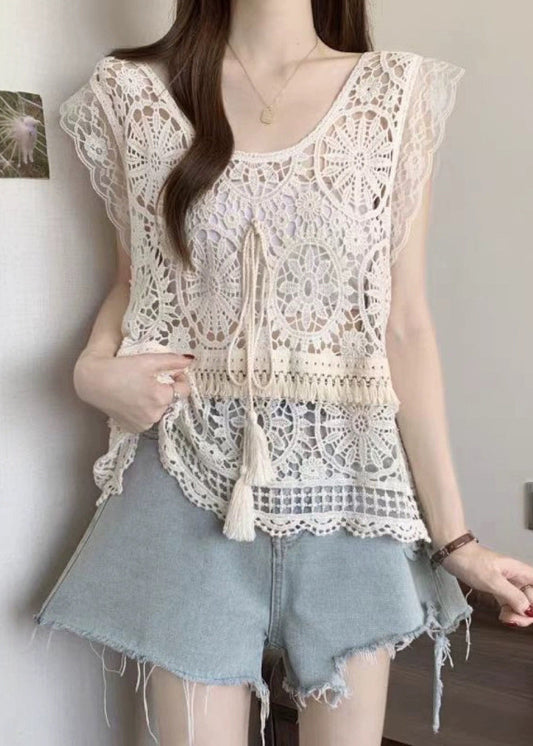 Tank Lace Apricot Fashion Tassel Summer O-Neck