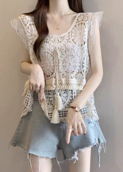 Tank Lace Apricot Fashion Tassel Summer O-Neck