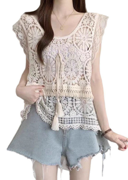 Tank Lace Apricot Fashion Tassel Summer O-Neck