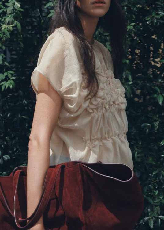 Wrinkled Top O-Neck Summer Fashion Apricot Floral Chiffon