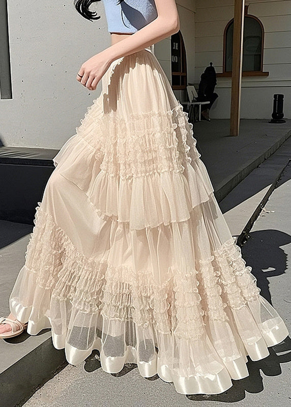 Elastic Tulle Waist Ruffled Skirts Maxi Apricot Fashion Summer