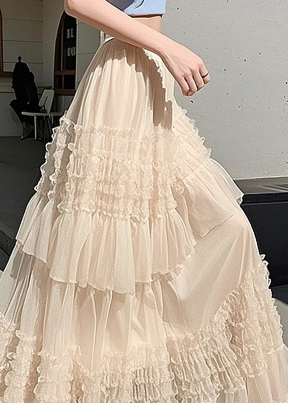 Elastic Tulle Waist Ruffled Skirts Maxi Apricot Fashion Summer