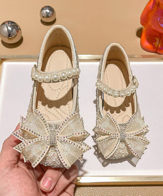 Fashion Strap Apricot Pearl Buckle Flats Zircon Kids