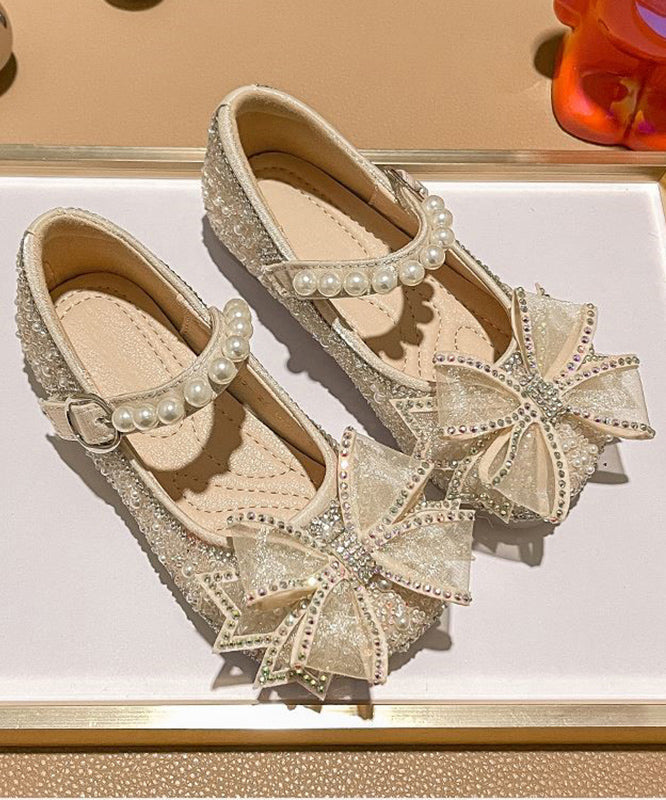 Fashion Strap Apricot Pearl Buckle Flats Zircon Kids