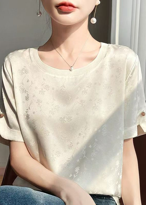 Sleeve Beige Silk Original Blouses Fashion Design Short Jacquard