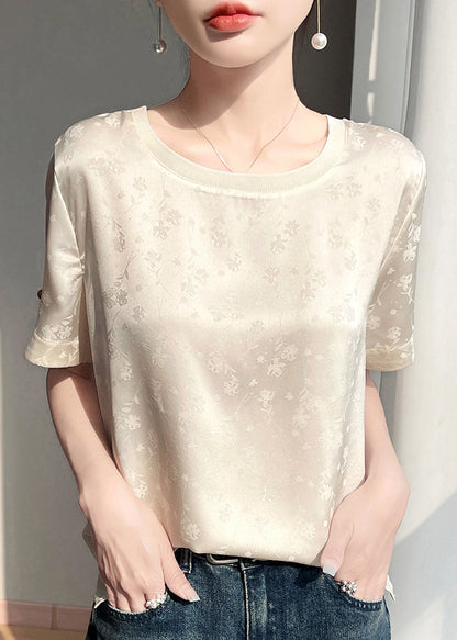 Sleeve Beige Silk Original Blouses Fashion Design Short Jacquard