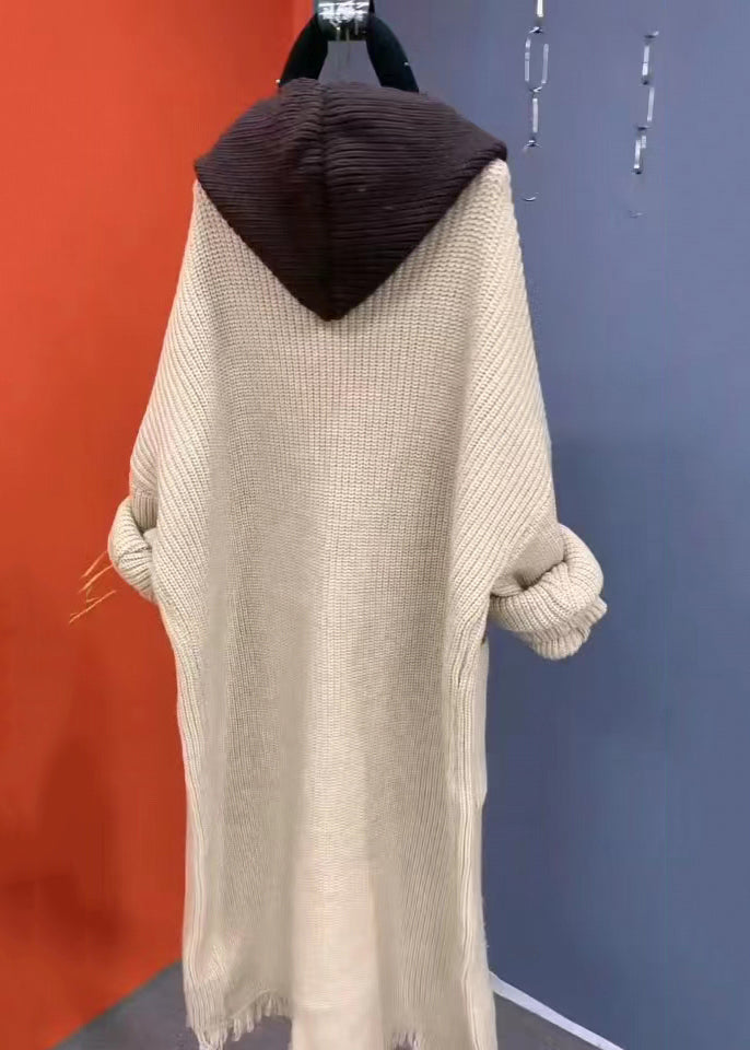 Fashion Beige Tasseled Patchwork Knit Hooded Coat Fall RU030