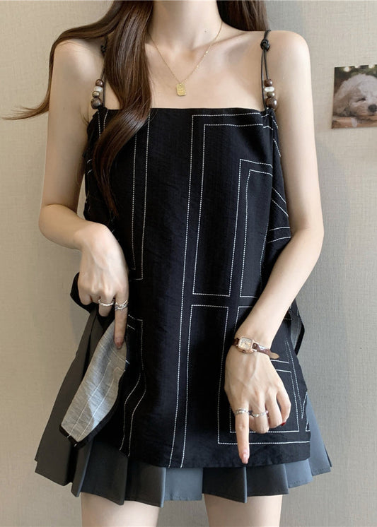Strap Spaghetti Black Top Summer Fashion Cotton
