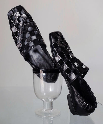 Shoes Leather Loafer Cowhide Out Splicing Fashion Black Hollow