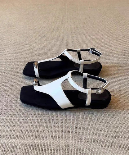 Fashion Leather Flat Black Sandals Splicing Flops Flip Faux