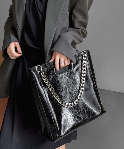 Capacity Large Linked Calf Shoulder Fashion Leather Chain Black