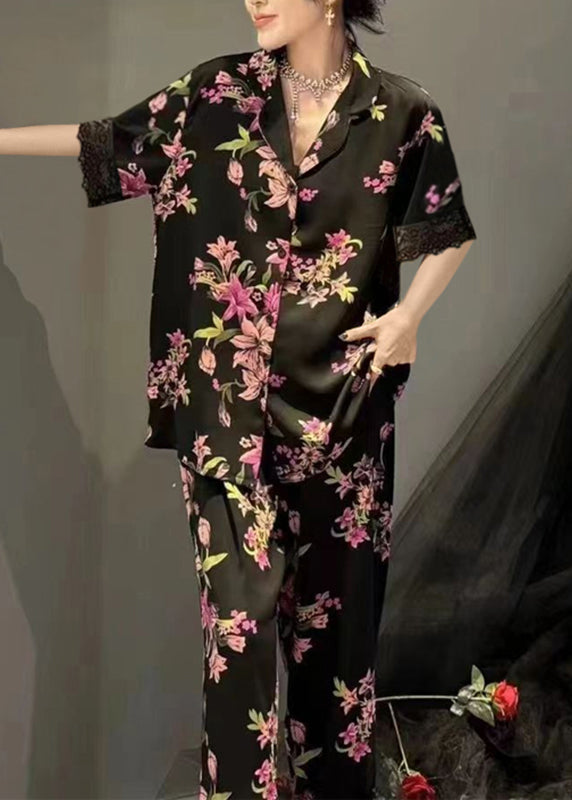 Fashion Black Notched Print Button Ice Silk Two Pieces Set Summer XS1006