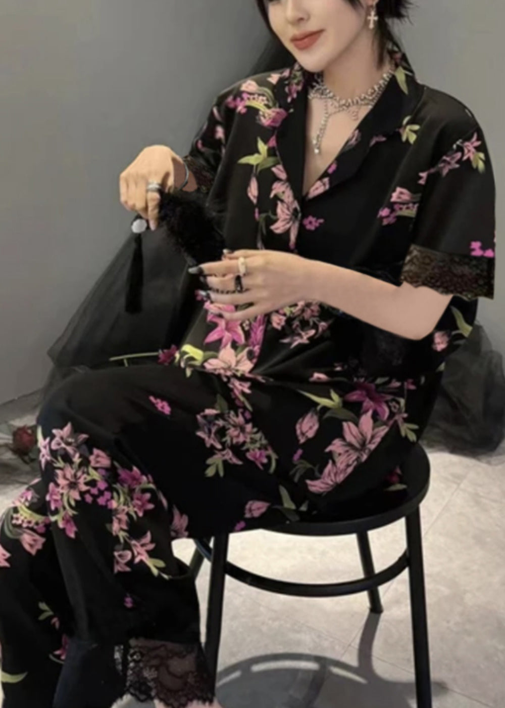 Fashion Black Notched Print Button Ice Silk Two Pieces Set Summer XS1006