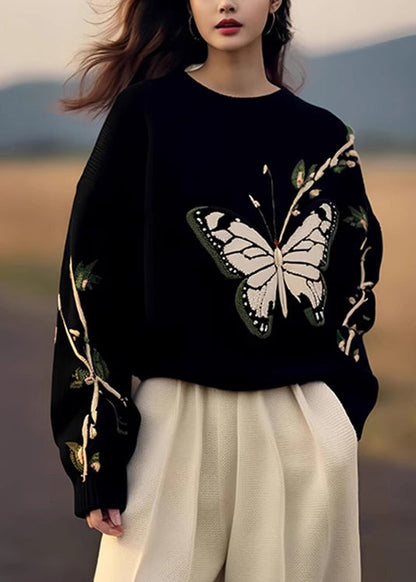 Fashion Black O Neck Butterfly Print Knit Sweaters Spring YY007