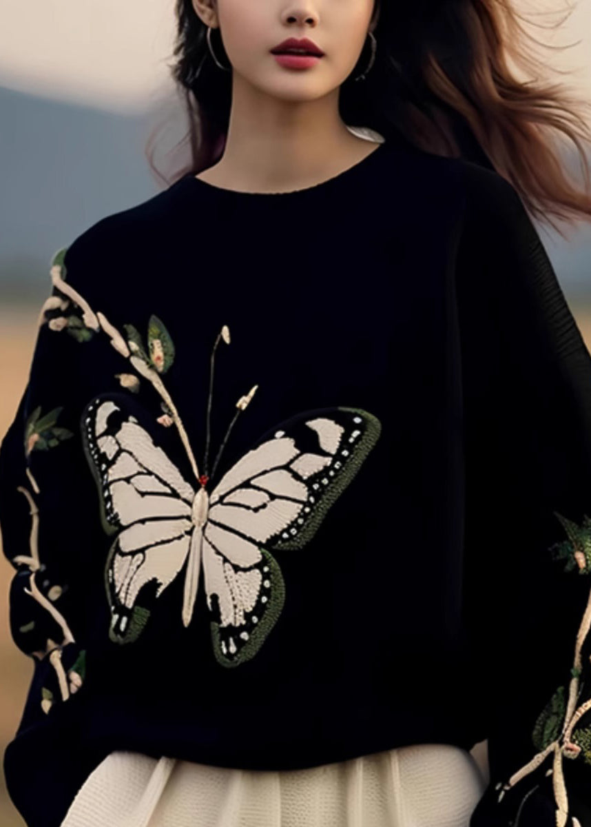 Fashion Black O Neck Butterfly Print Knit Sweaters Spring YY007