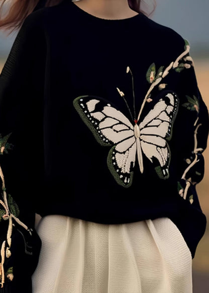 Fashion Black O Neck Butterfly Print Knit Sweaters Spring YY007