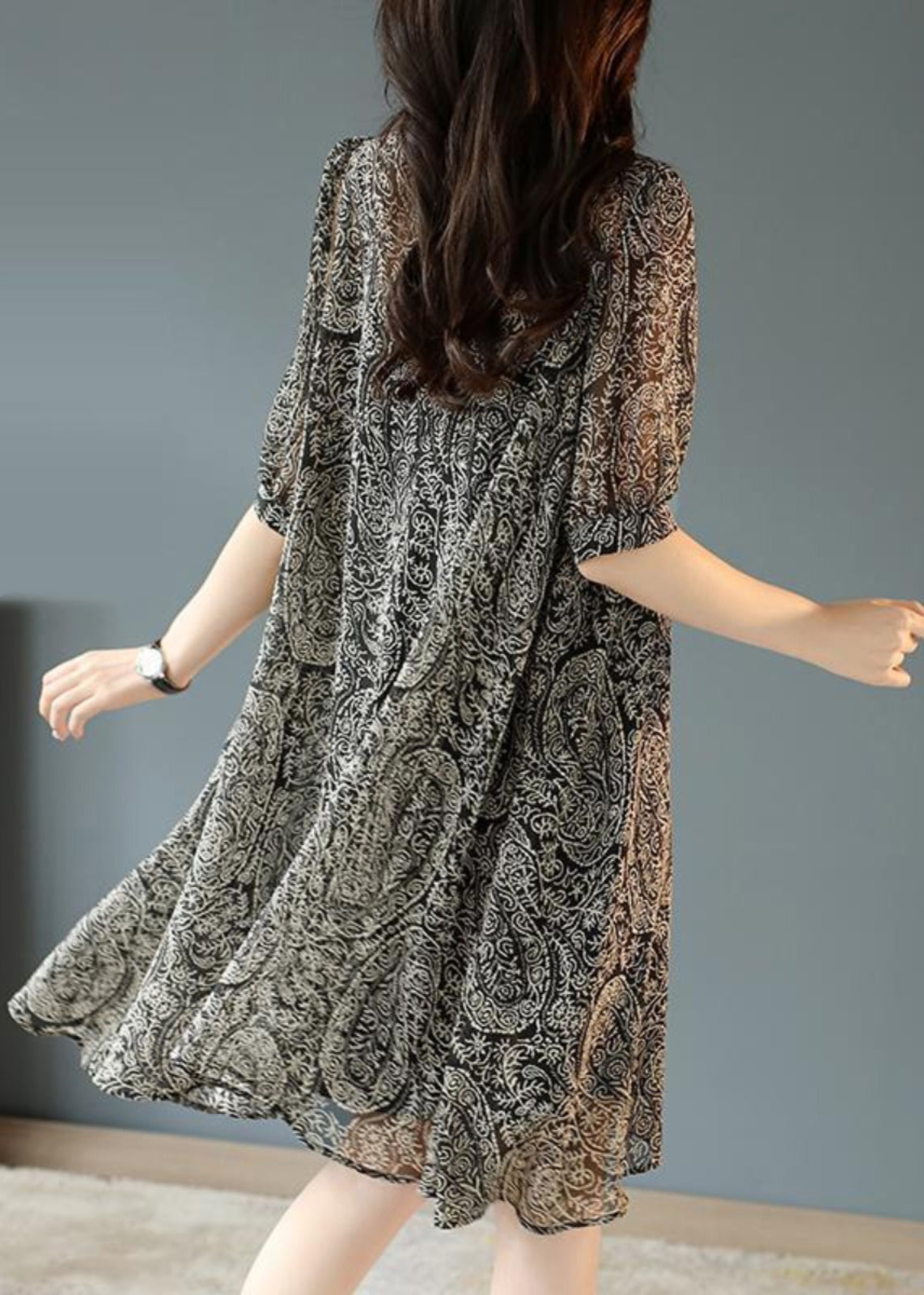 Fashion Black Oversized Print Chiffon Tea Dress Summer YY030