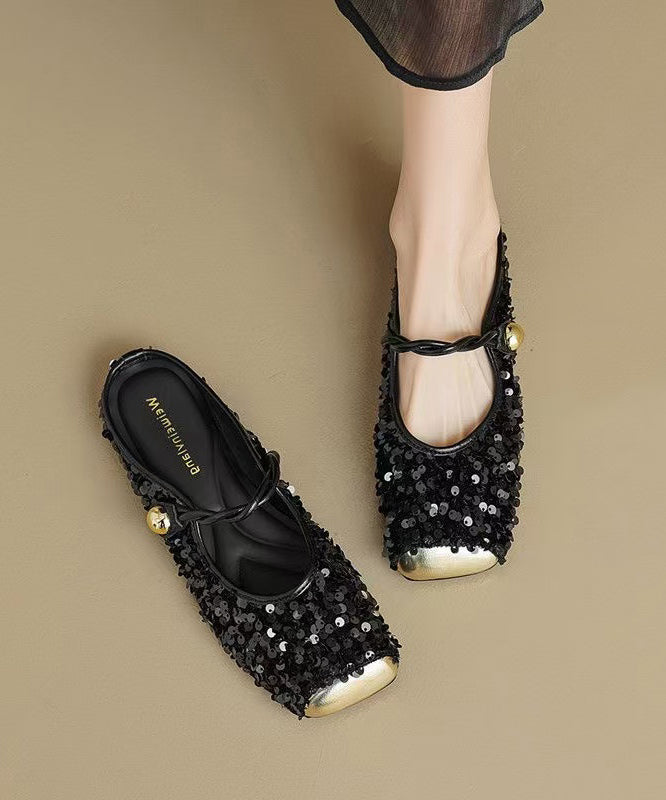 Strap Splicing Sandals Black Fashion Sequins Buckle Slide
