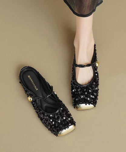 Strap Splicing Sandals Black Fashion Sequins Buckle Slide