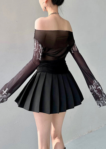 Fashion Black Slash Neck Print Tulle Top Fall AL1070