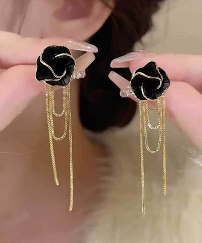 Fashion Black Sterling Silver Overgild Camellia Tassel Drop Earrings RG008