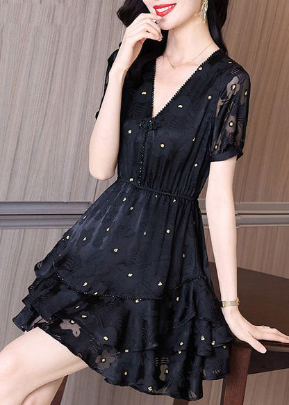 Patchwork Dress Cinched Mid V Fashion Tulle Neck Summer Black