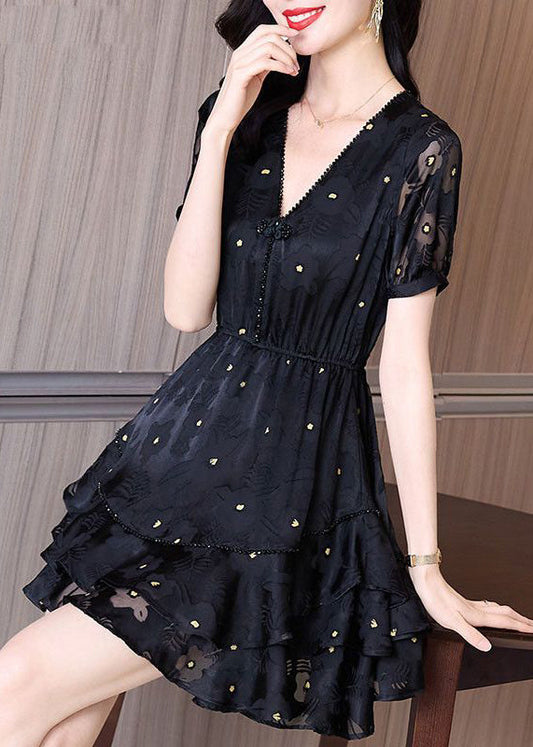 Patchwork Dress Cinched Mid V Fashion Tulle Neck Summer Black