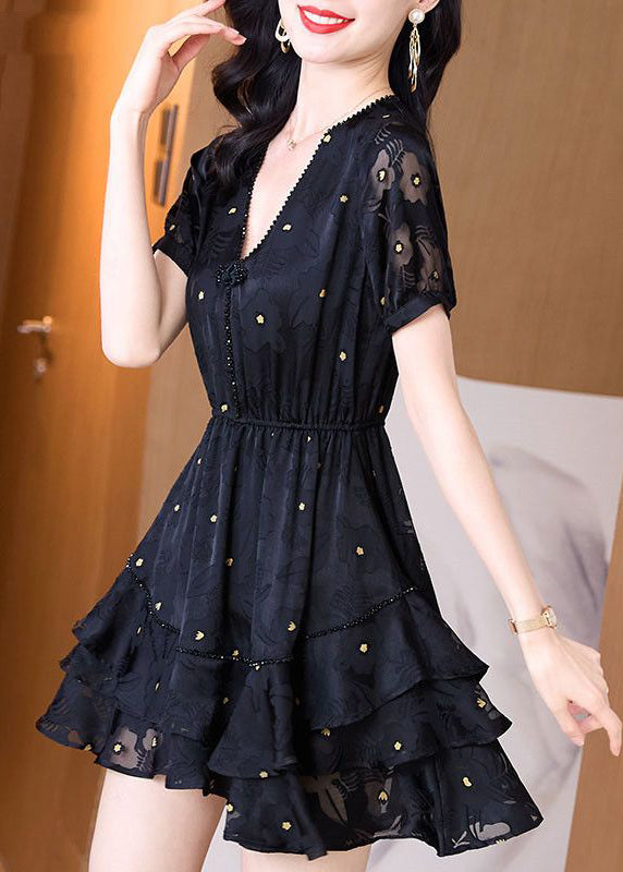 Patchwork Dress Cinched Mid V Fashion Tulle Neck Summer Black