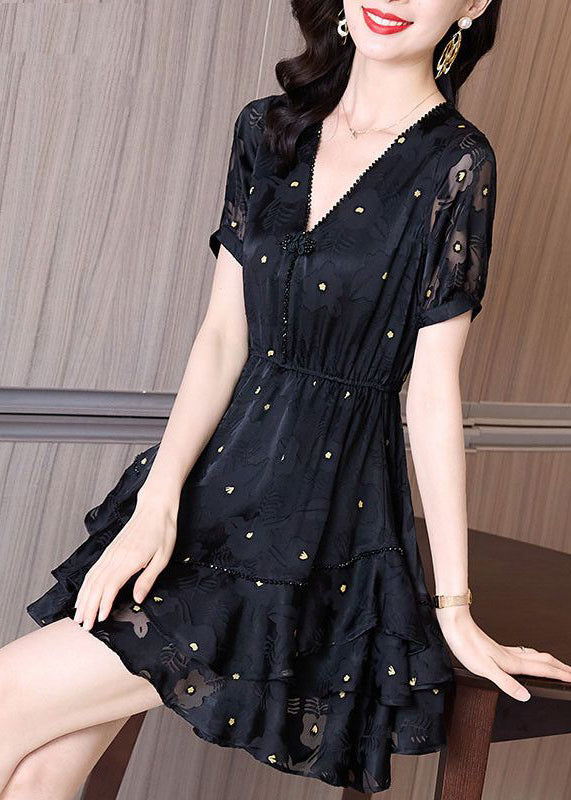 Patchwork Dress Cinched Mid V Fashion Tulle Neck Summer Black