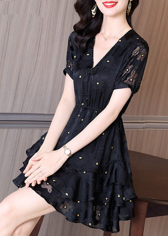 Patchwork Dress Cinched Mid V Fashion Tulle Neck Summer Black