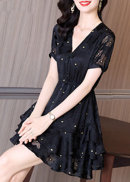 Patchwork Dress Cinched Mid V Fashion Tulle Neck Summer Black