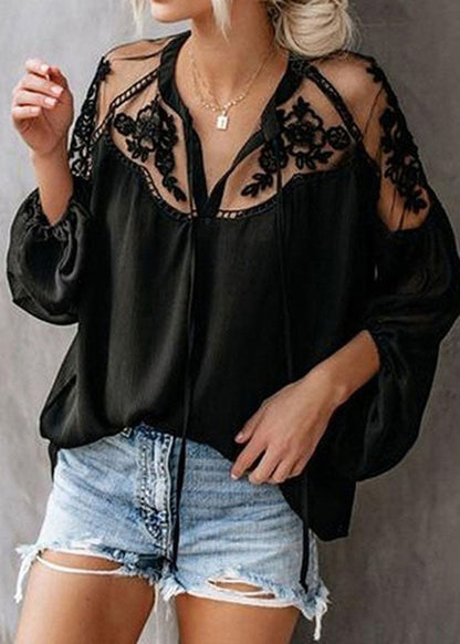 Lantern Floral Neck Tops Sleeve Chiffon V Black Fashion