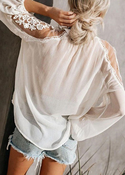 Lantern Floral Neck Tops Sleeve Chiffon V Black Fashion